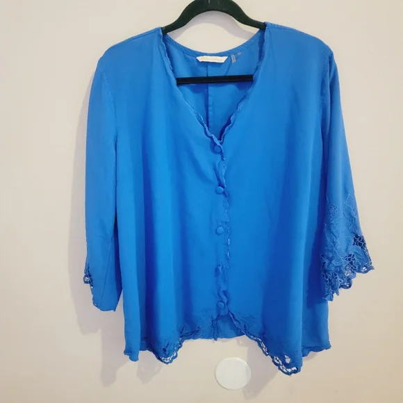 Soft Surrounding Sapphire Embroidered Trim Button Up Blouse Top - Picture 4 of 13